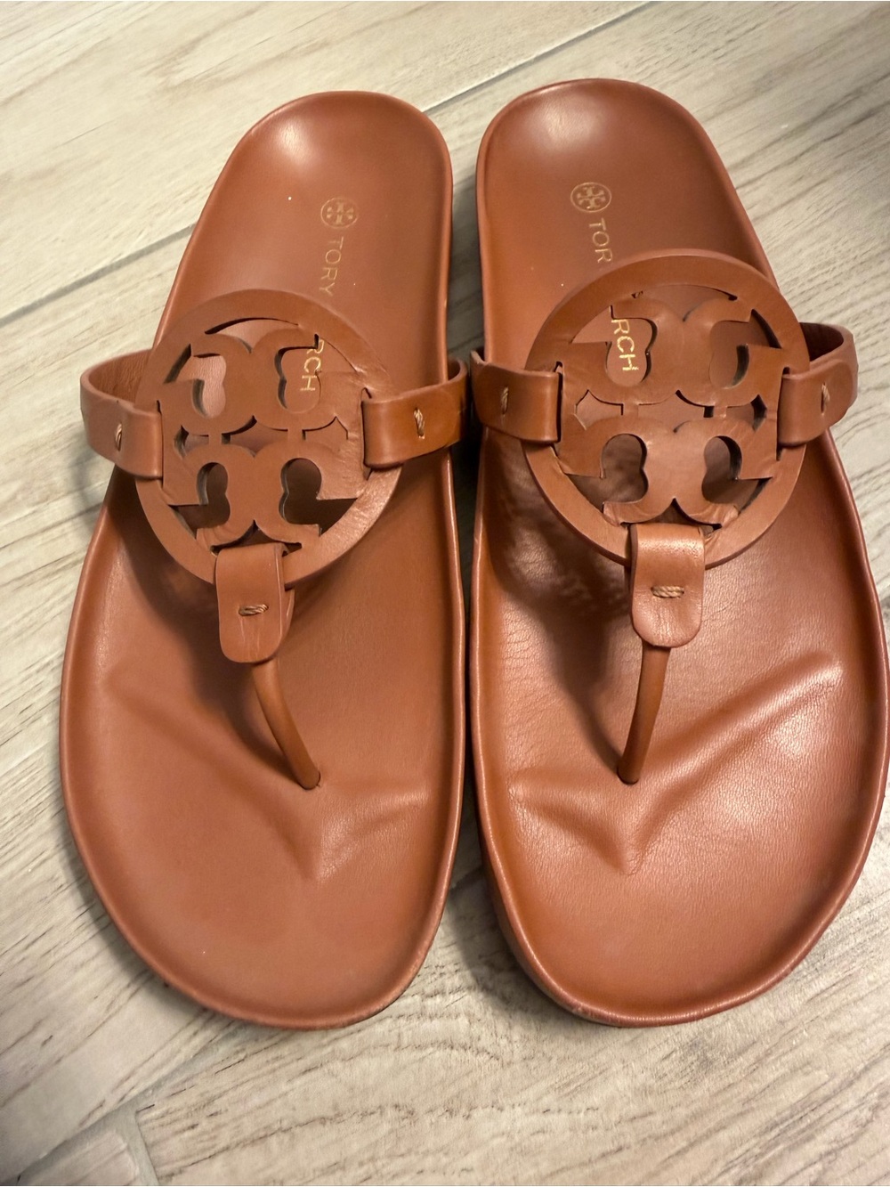 Tory Burch Brown Leather Logo Thong Sandals
